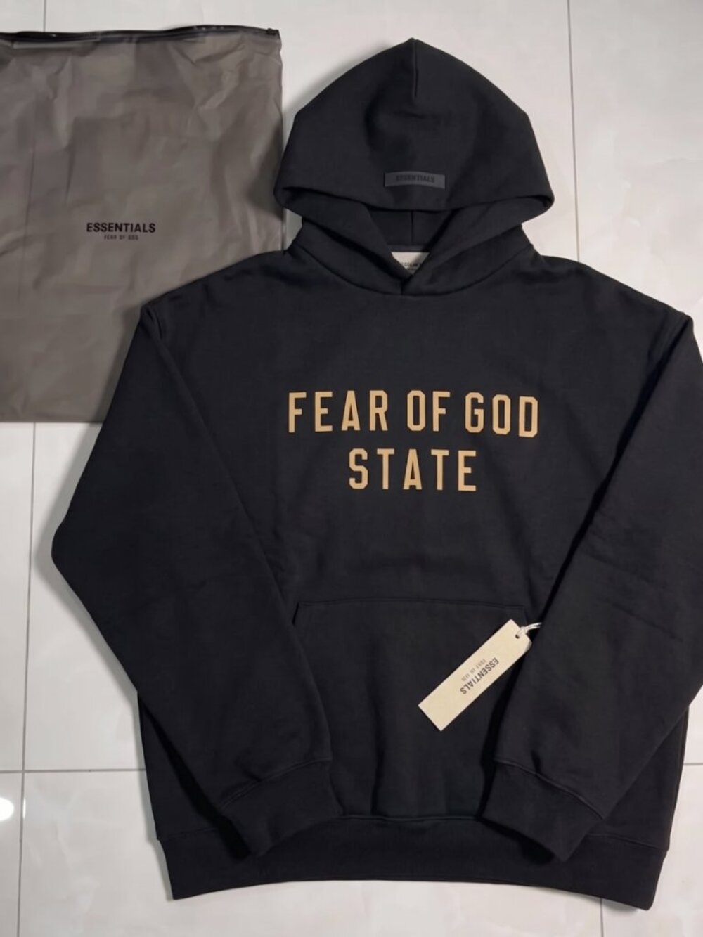 Essentials Fear Of God Dark Heather Hoodie, Fear Of God State - GOLD LOGO